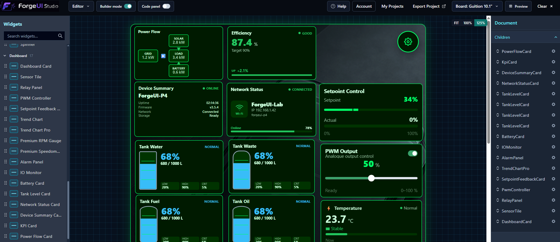 ForgeUI visual workspace connecting generated LVGL components to editable application code